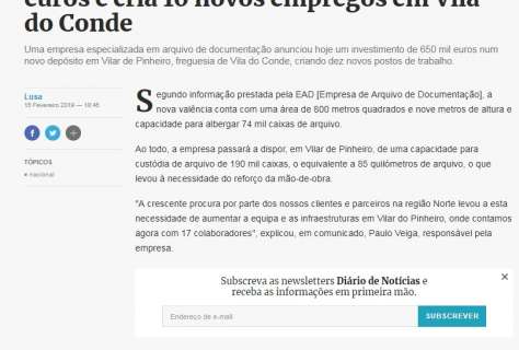 Empresa de arquivos investe 650 mil euros e cria 10 novos empregos em Vila do Conde